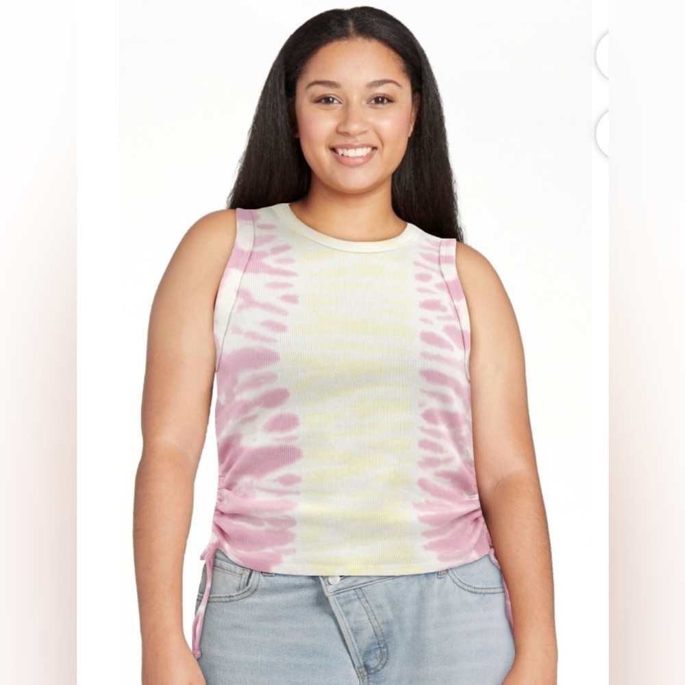 No Boundaries Pink Yellow Tie Dye Cinch Side Sleeveless Tank‎ Top NWT Large